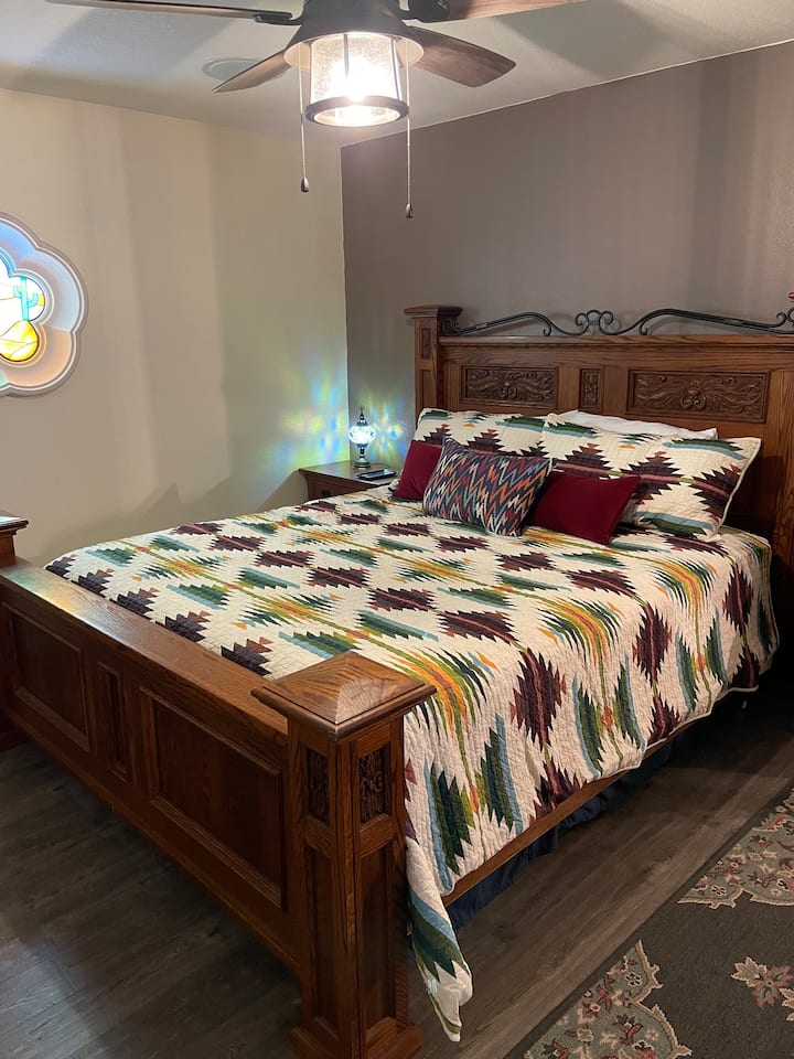 New California king mattress. Large television with fire stick to watch your favorite programs. Which Pendleton comforter will you get?