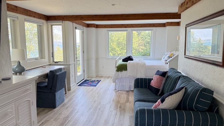 La chambre principale au niveau inférieur est parfaite pour les familles ou les amis qui ont besoin d'un espace pour travailler, avec un sofa, une télévision et une salle de bain! Cette chambre a une entrée extérieure ainsi qu'une entrée intérieure.