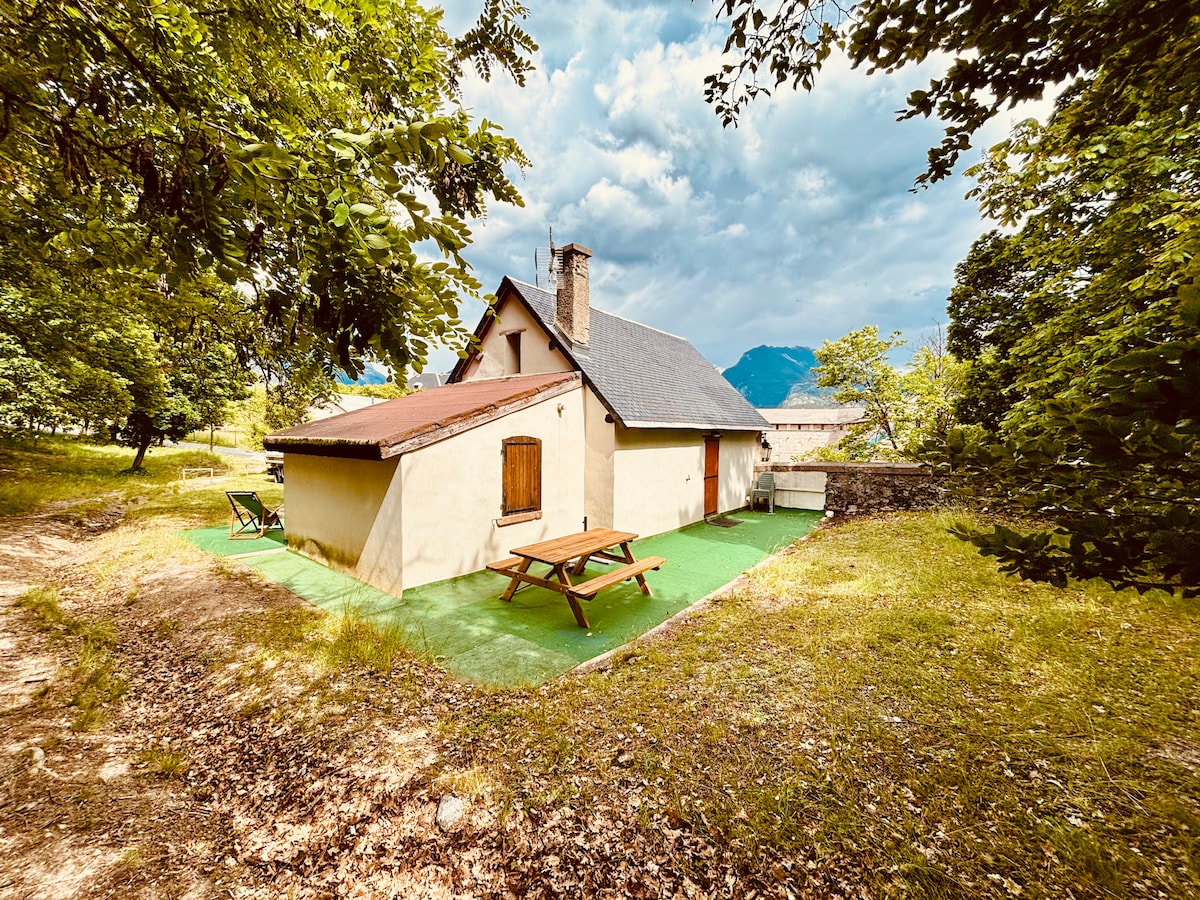 A charming exterior view of the renovated house is presented, showcasing a sloped roof and a picnic table on a green surface. Surrounding trees create a natural setting, and distant mountains are faintly visible in the background under a partially cloudy sky.