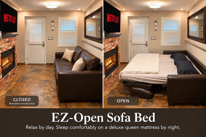 Enjoy our EZ-open leather sofa bed with a deluxe queen mattress. The cushions tuck away automatically as it opens—no need to remove them or find somewhere to store them. From comfy sofa to cozy bed in one easy motion!