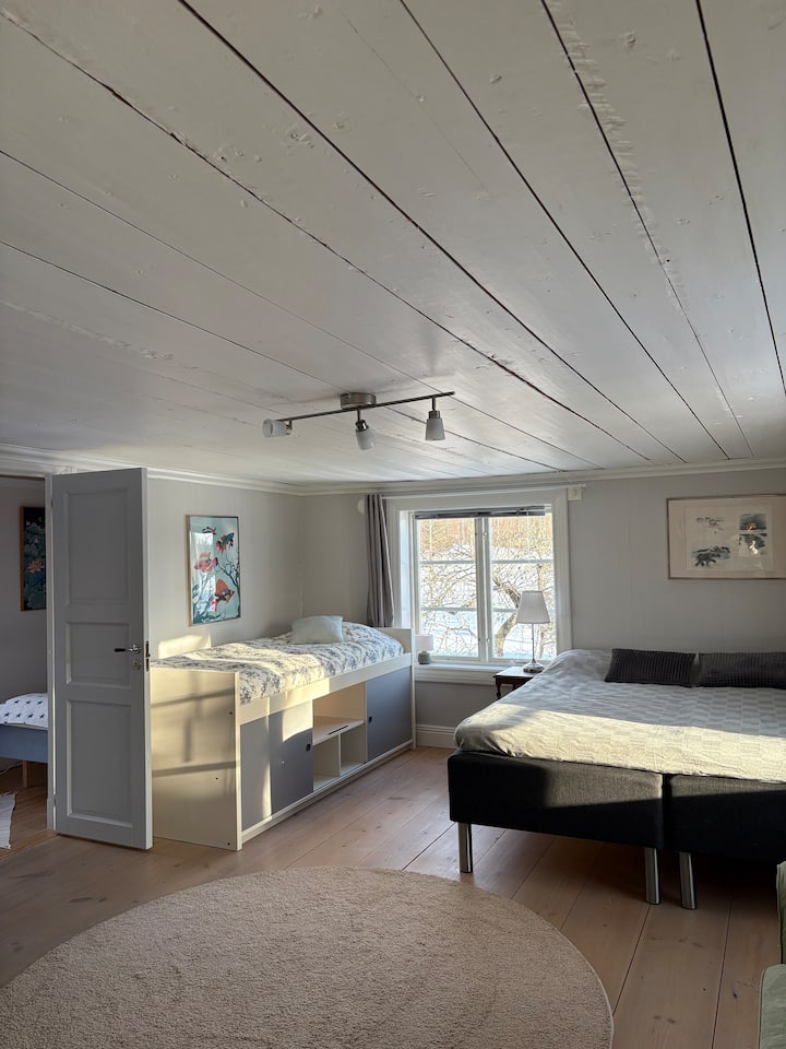 Sovrum 3 med dubbelsäng (180 cm) samt enkelsäng (90cm) + en enkelsäng (80 cm) i eget litet utrymme.