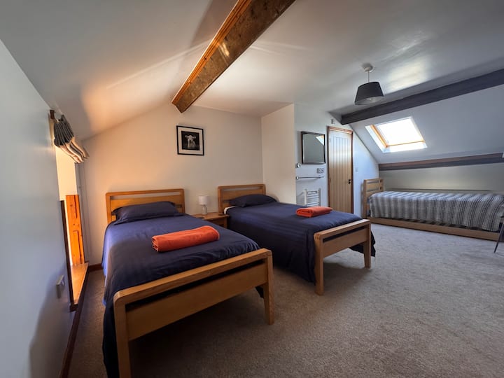 Ჰაილოფტ-უესტი - 3x სინგლები, სურვილისამებრ, მე-4 ცალკემდგომი ბავშვებისთვის.
Შესაფერისი საშხაპე ოთახი.

Ეს ოთახი შეიძლება შედგებოდეს SuperKing-ის სახით. Მოითხოვეთ დაჯავშნა.