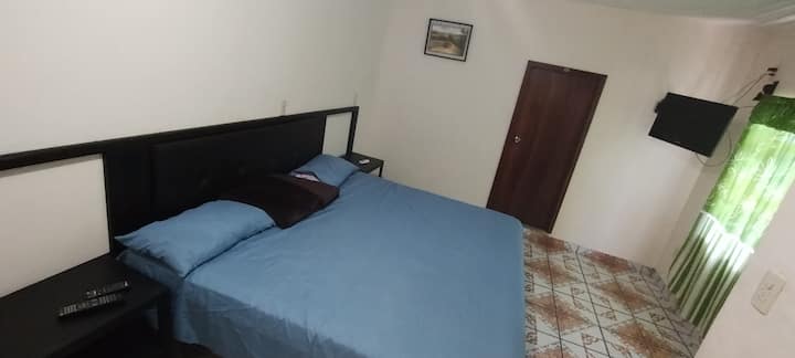 Second floor master bedroom, has a king-size bed and private bathroom.