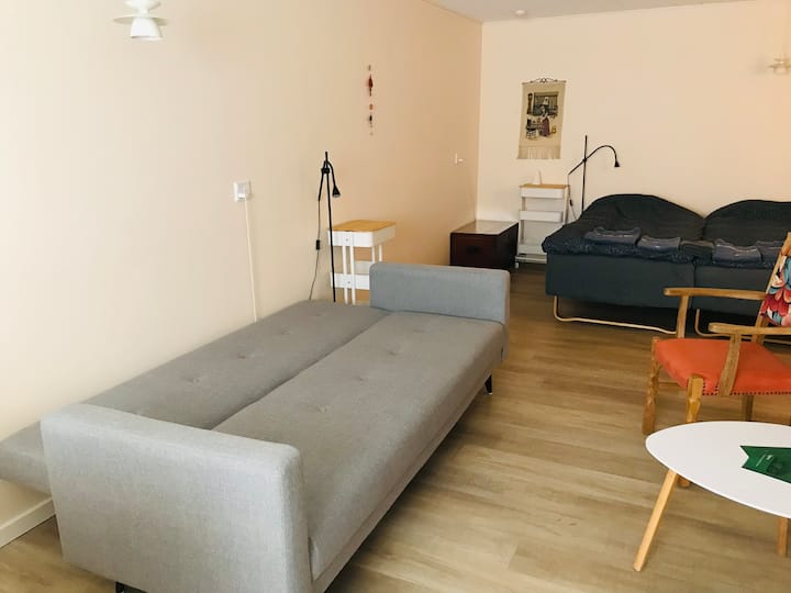 There are 2 good box beds as well as a sofa bed.

For 4 people, 2 people have to sleep on this sofa bed - measure 193 cm long and 120 wide.