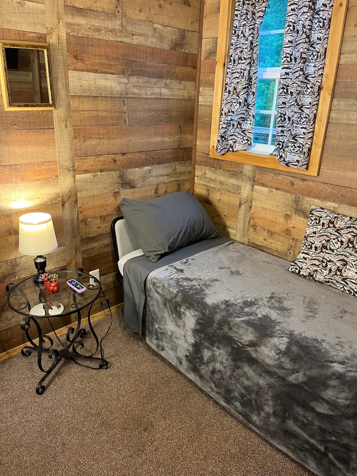 This is the 3rd bedroom. Cozy room with all you need. TV, mini split for AC & heat, ceiling fan, reading materials. As well as a comfy cot with mattress topper and plush pillow for your comfort.