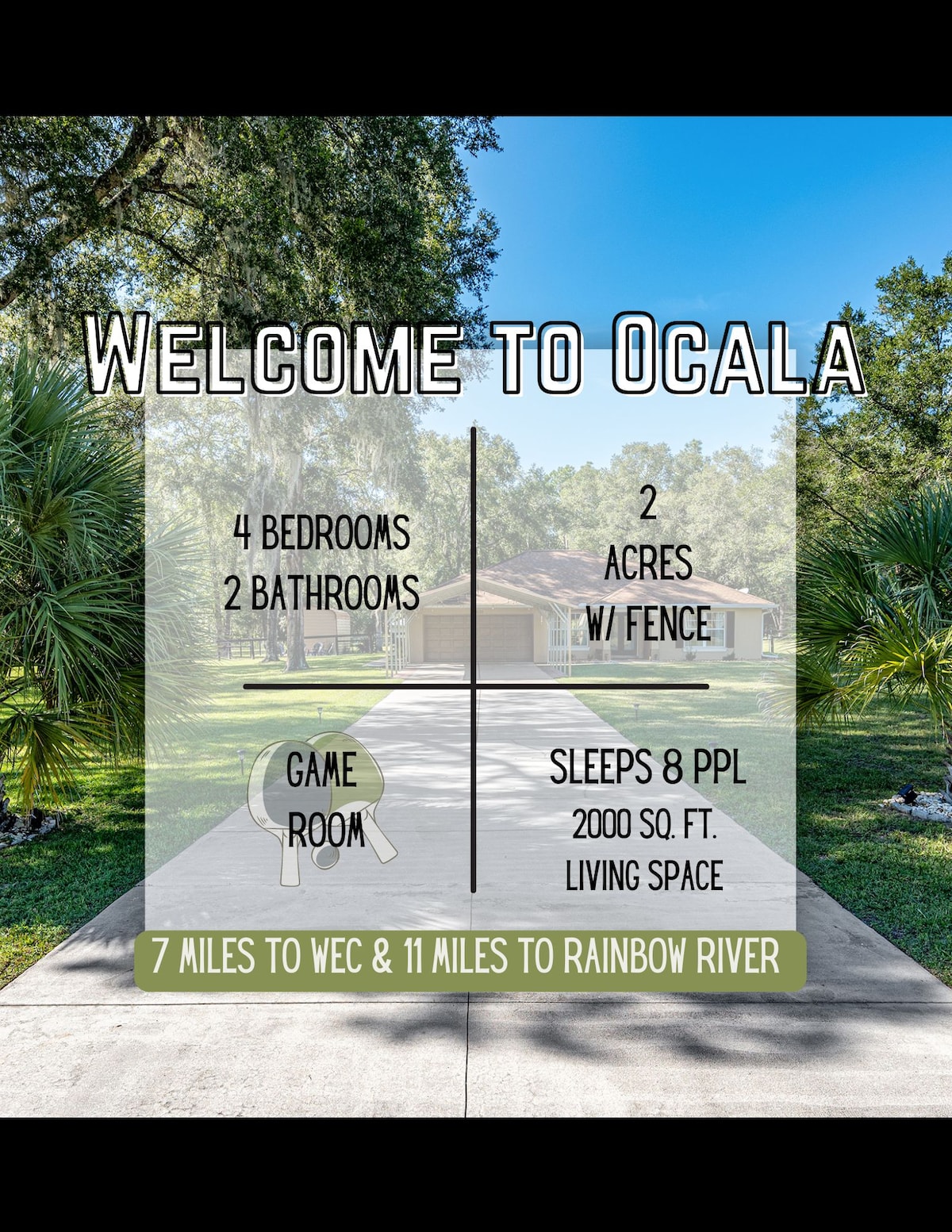 The exterior of the home is set amidst mature trees, displaying a welcoming driveway leading to the entrance. A well-maintained yard is highlighted with tropical plants, emphasizing the spacious 2-acre property. Informative text notes the home's features, including four bedrooms and proximity to local attractions.