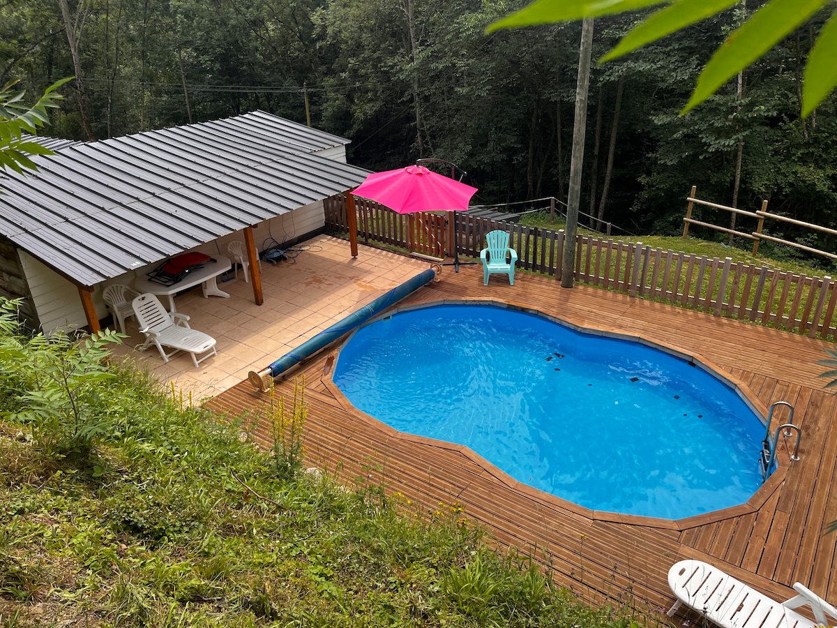 A wooden deck surrounds an inviting, oval swimming pool, with clear blue water reflecting the greenery. A shaded area features a pink umbrella and two outdoor chairs. The space is bordered by a wooden fence, offering a sense of privacy amidst the natural surroundings.