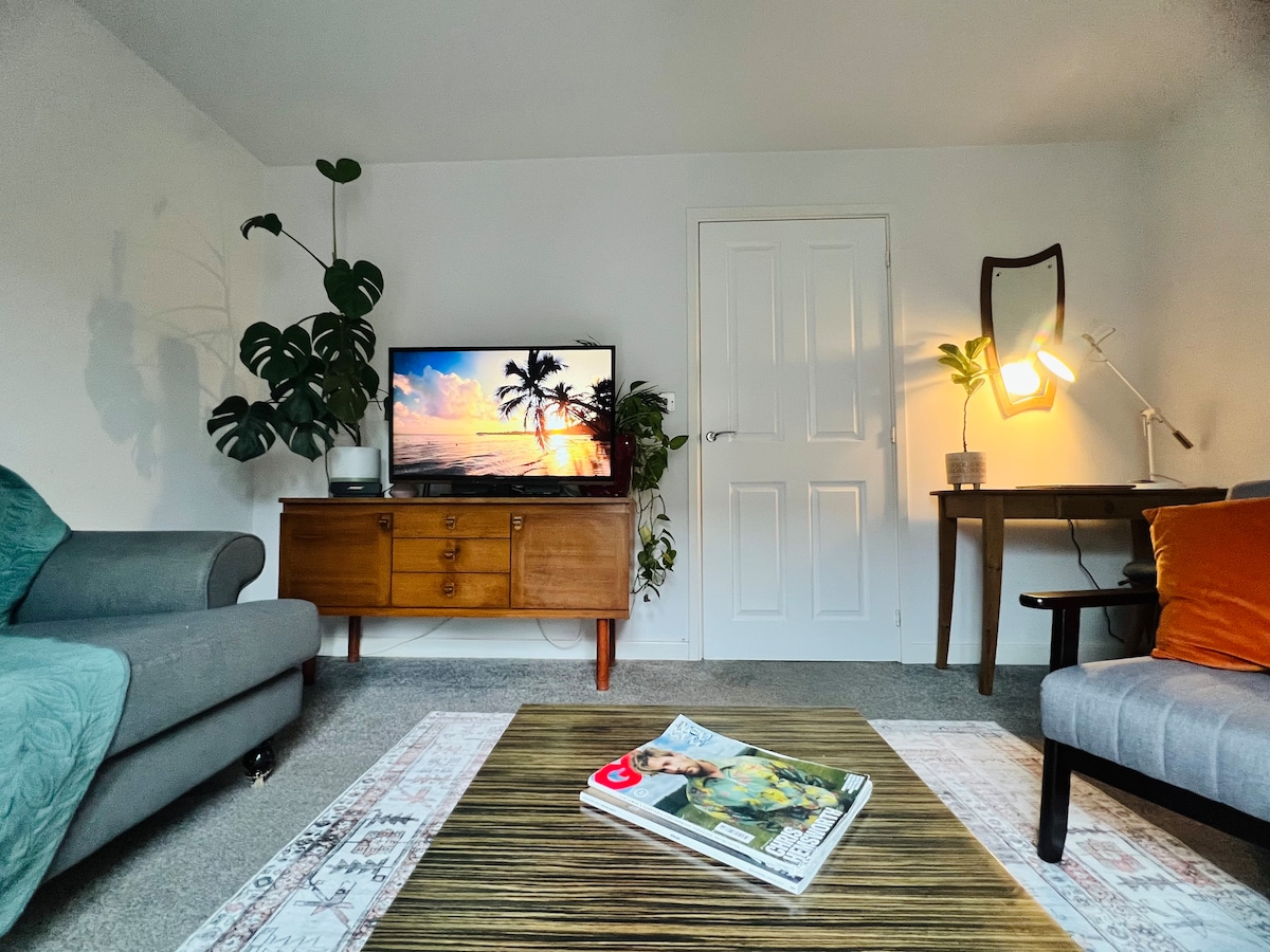 A contemporary living room is displayed with a grey sofa and a patterned rug. A wooden console holds a television showing a beach scene. A stylish lamp illuminates a small desk, while a decorative plant adds a touch of greenery. A magazine rests on the coffee table.