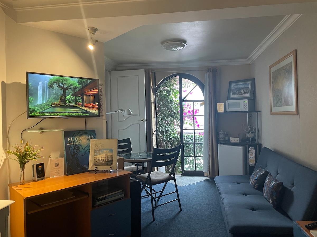A living area features a blue sofa bed adjacent to a wooden table and chairs. A small flat-screen television is mounted on the wall. Light filters through an arched window, showcasing greenery and flowers outside. Various decorative elements add to the space's character.
