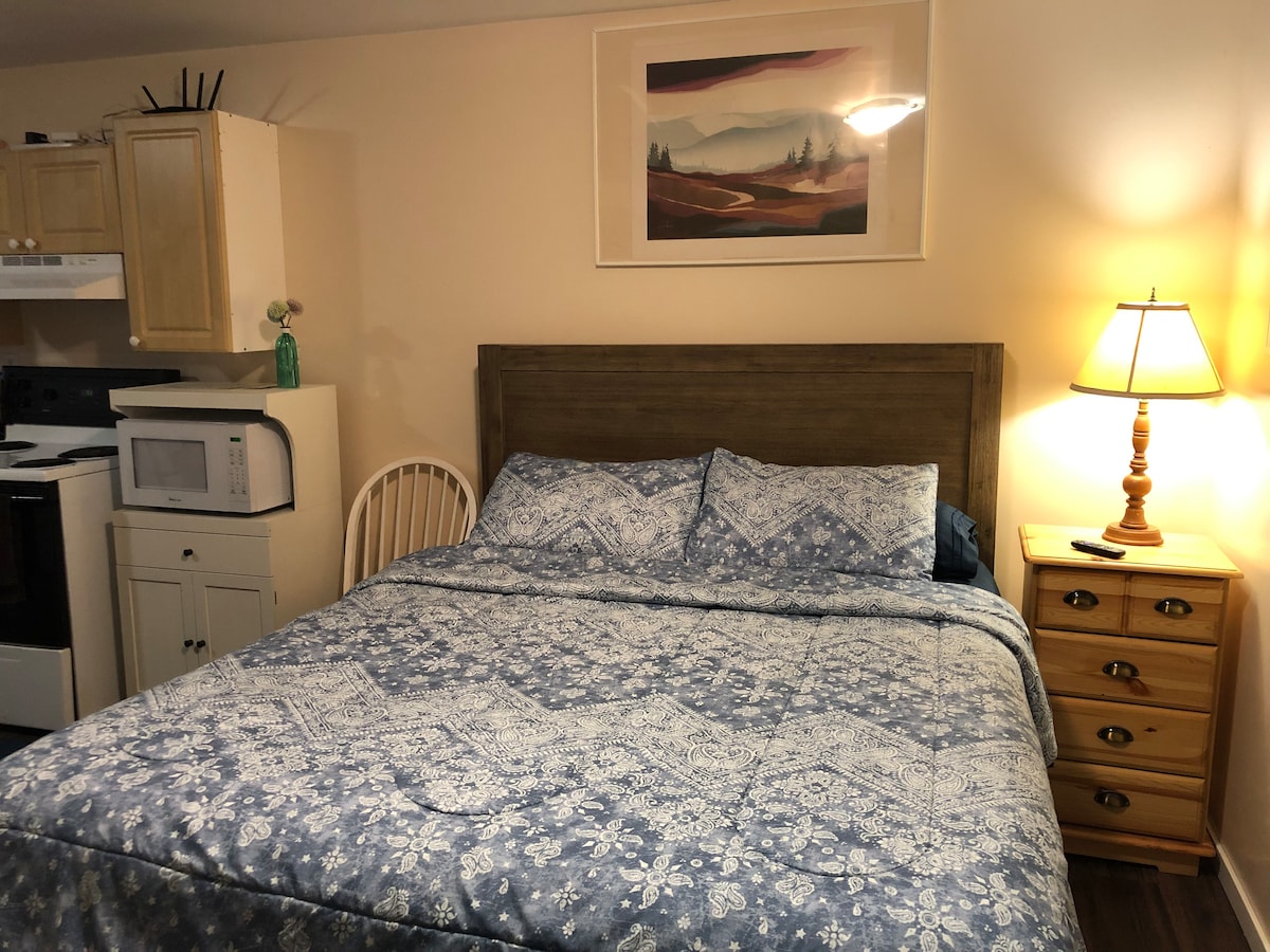 A cozy bedroom area features a queen-size bed with a patterned comforter. A lamp provides soft lighting next to a wooden nightstand. Kitchen appliances, including a microwave and stove, are visible in the background, creating a functional living space.