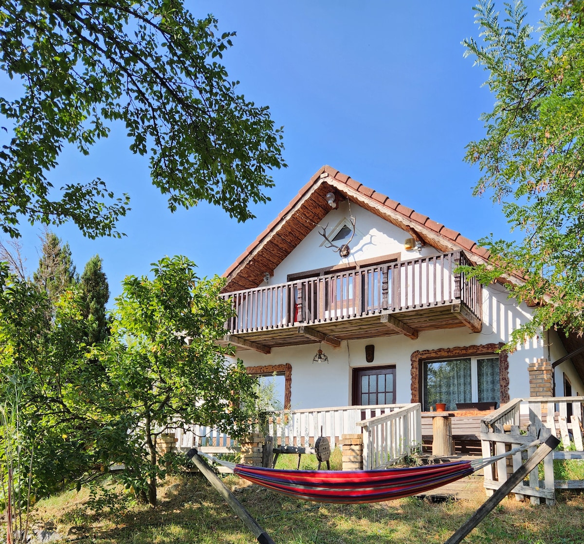 The exterior of the house features a charming design with a sloped roof and a balcony lined with wooden railings. A hammock is suspended nearby, surrounded by greenery. Sunlight filters through the trees, highlighting the peaceful setting.