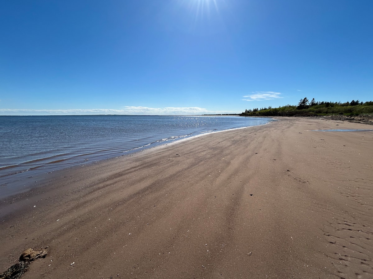 Warm sandy private beach at low tide