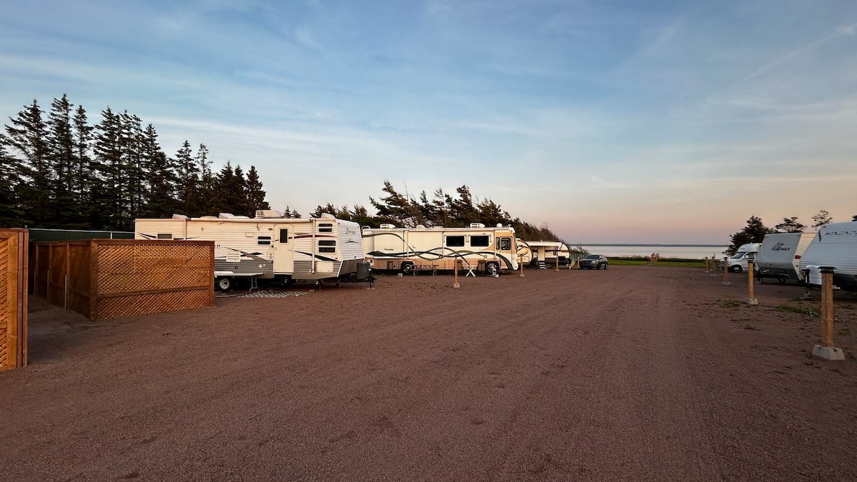 Campground at dusk looking toward the water