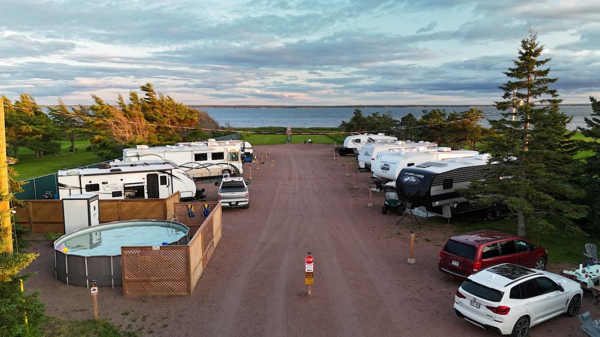 Aerial view of the campground, pool and shoreline
