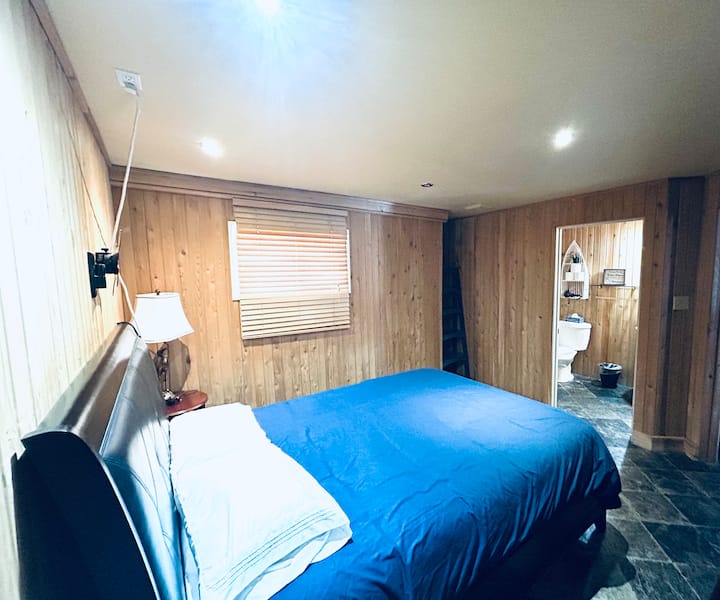 Bedroom with an ensuite in the basement. 
Please be aware this bedroom is beside the furnace and water pump. You will hear the sound from those systems when sleeping in this room. 
Not for the light sleeper.  Ear plugs will help =)