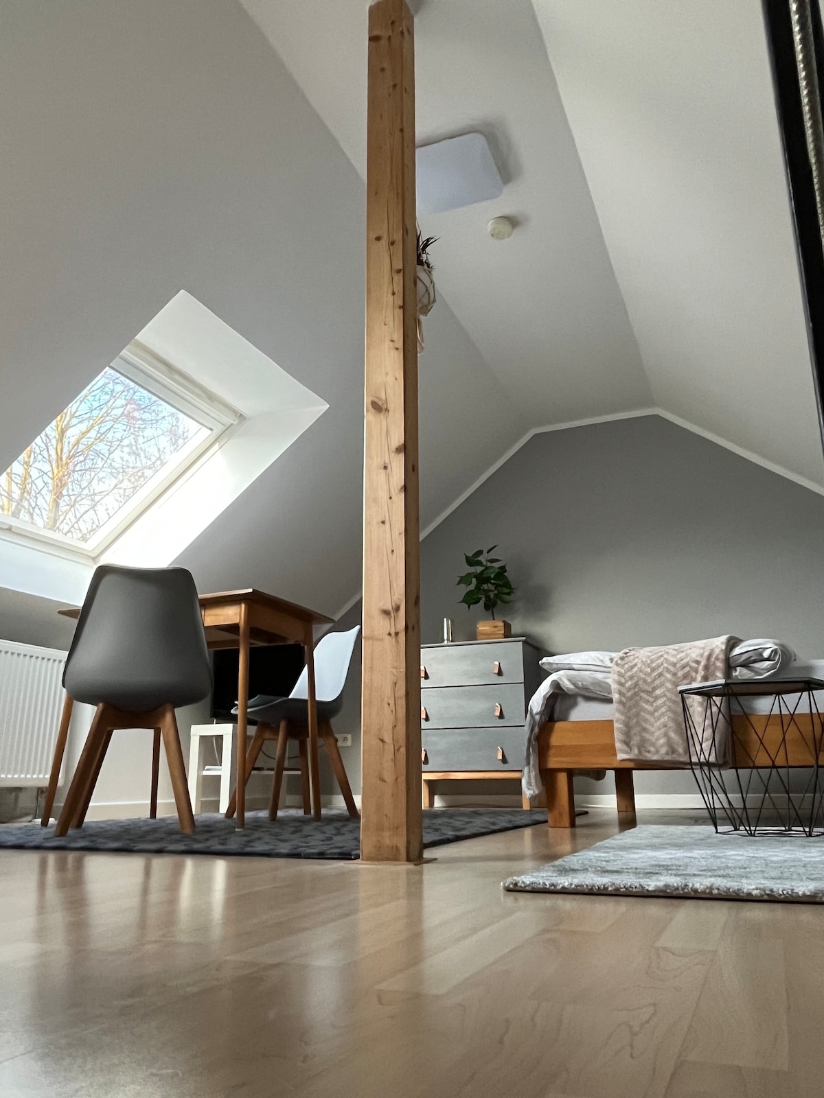A bright lofted space is depicted with a cozy sleeping area featuring a spacious bed alongside a small desk and chair. A tall dresser stands nearby, complemented by a decorative plant. A window allows natural light to illuminate the room, enhancing its airy feel.