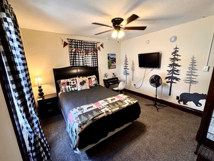 The “Wilderness Room” as we affectionally call it, has a QUEEN bed, smart TV/Roku, ample storage and walk in closet. Room for more if you bring an airmat as well. Pack & Play in closet (must supply own bedding for it). 