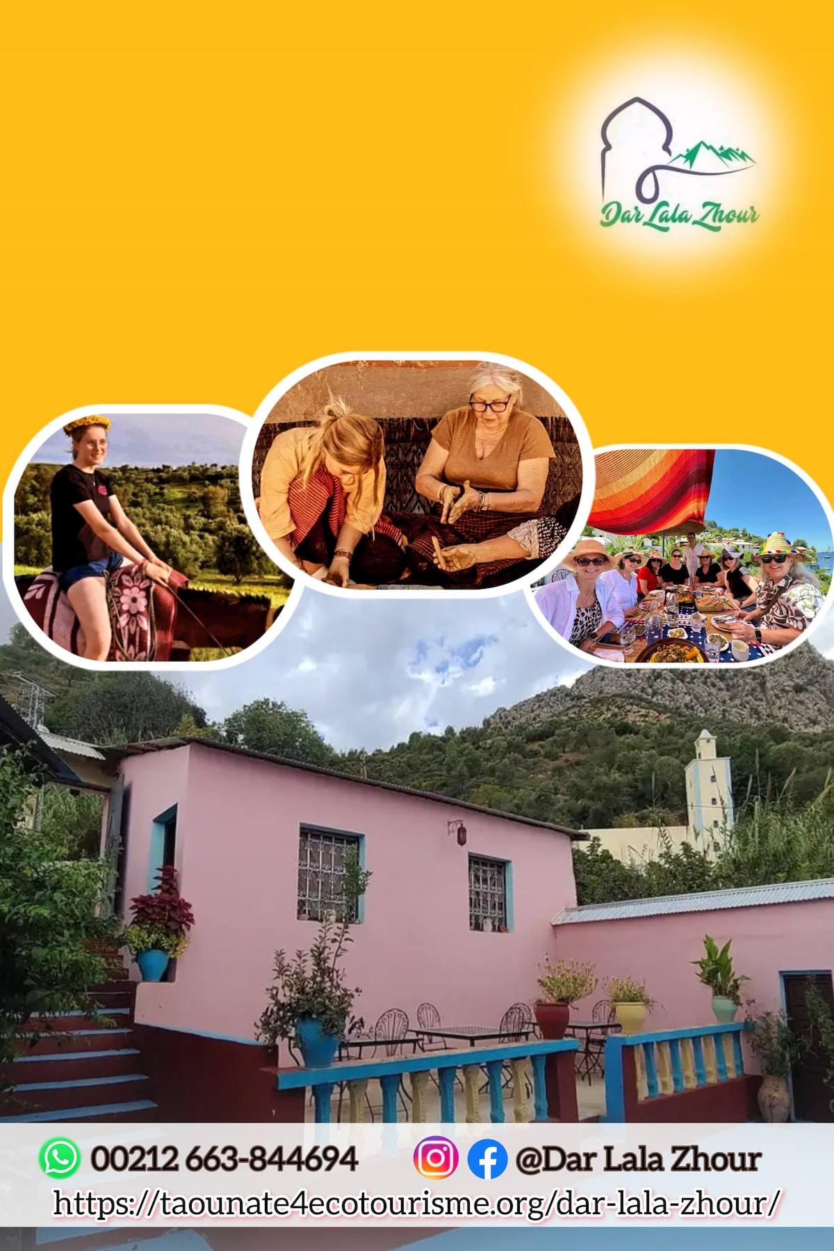 An inviting exterior of Dar Lala Zhour features colorful walls and a charming courtyard adorned with potted plants. The hillside view complements the rustic architecture, capturing the essence of the Rif Mountains. Guests are seen engaging in various activities, showcasing the community's vibrant culture.