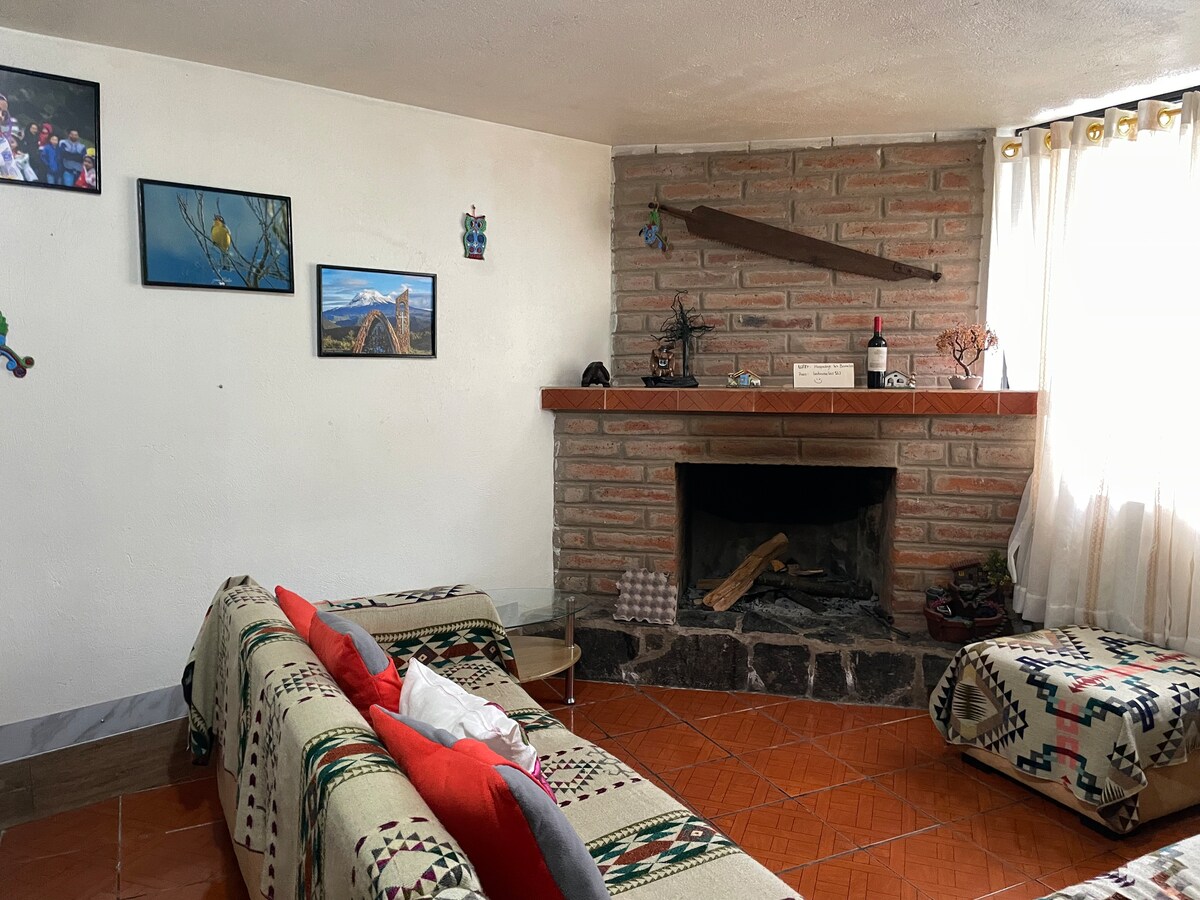 A cozy living area features a brick fireplace with a wooden mantle. Colorful cushions adorn the sofas, while framed photographs decorate the walls. Natural light filters through sheer curtains, creating a warm ambience, complemented by terracotta tile flooring.