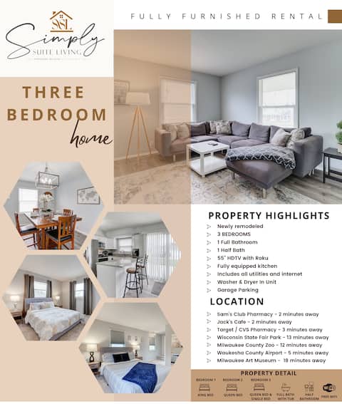 Waukesha 3BR House | Sleeps 7 Comfortably | 4 beds