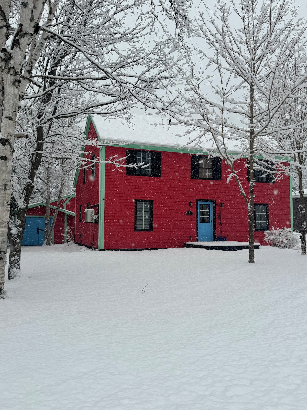 A charming Saltbox style home is shown surrounded by a blanket of fresh snow. The exterior features bright red siding, green accents, and a blue door. Leafless trees with snow-covered branches frame the scene, creating a serene winter atmosphere.