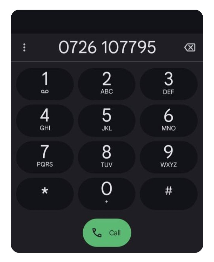 A digital keypad is displayed, featuring a black background with white numerical buttons. The layout includes numbers 0-9, with letters assigned to some keys. A green button for making calls is positioned at the bottom center.