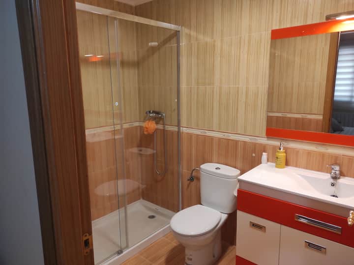 Baño 1 con ducha, mampara e inodoro: funcional y moderno.