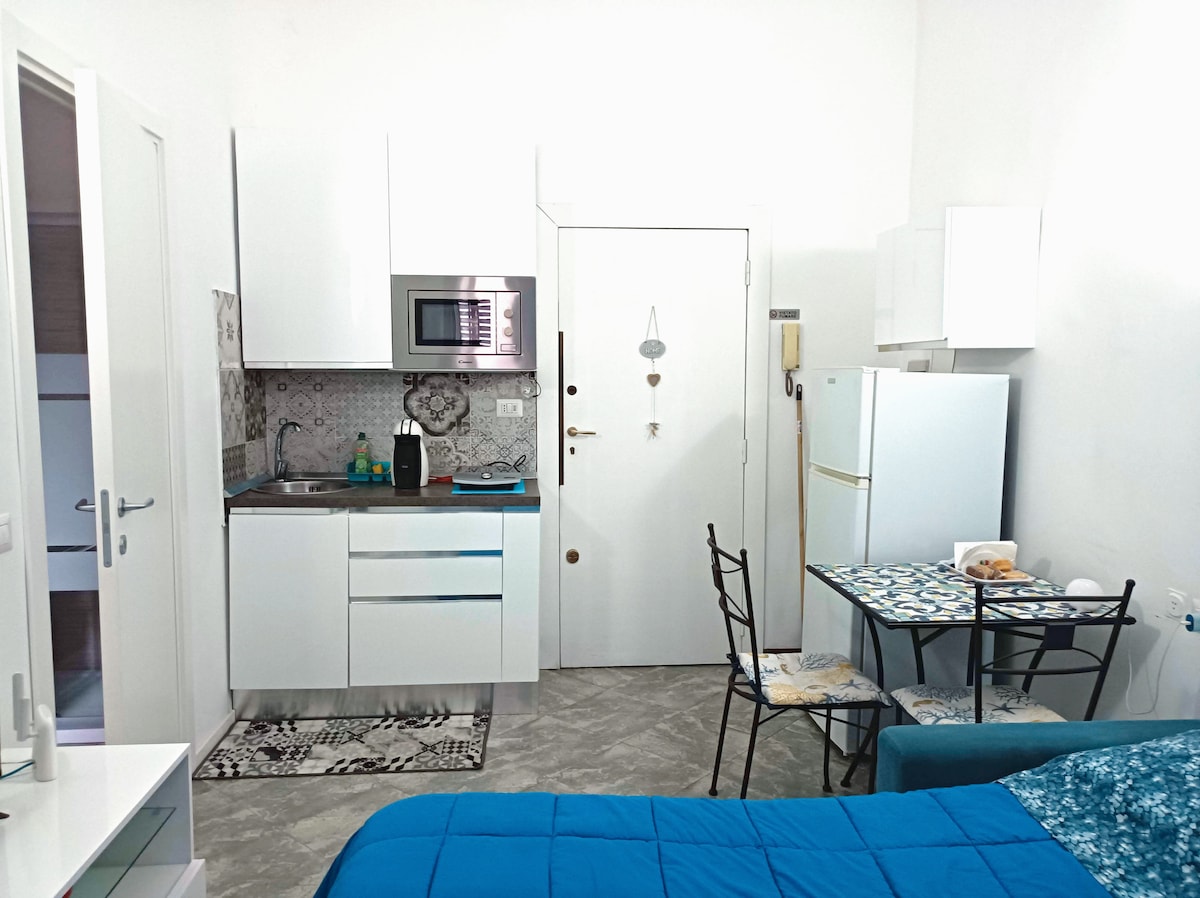 A compact kitchenette is visible, featuring a microwave, refrigerator, and a sink set against patterned tiles. A small dining table with two chairs is positioned alongside the kitchenette. The space includes a teal sofa bed, creating a cozy and functional living area.