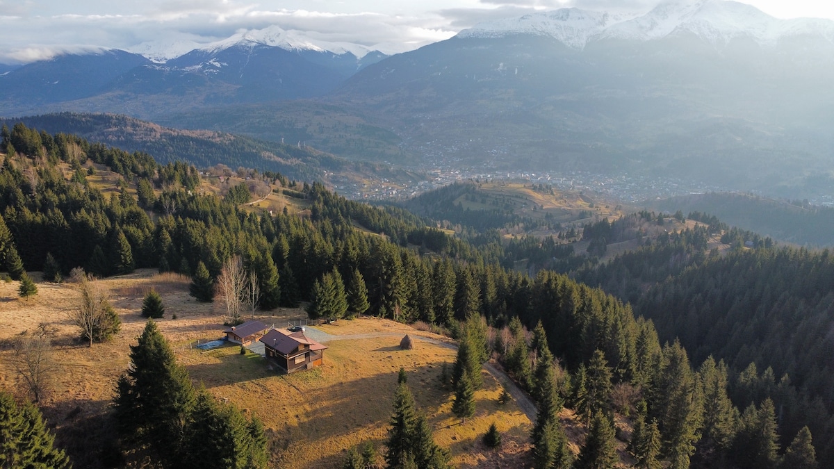 An aerial view captures a cabin surrounded by expansive forested hills. The landscape features a blend of greenery and open fields, with distant mountains visible under a soft light. The secluded setting conveys a sense of tranquility amid the nature.