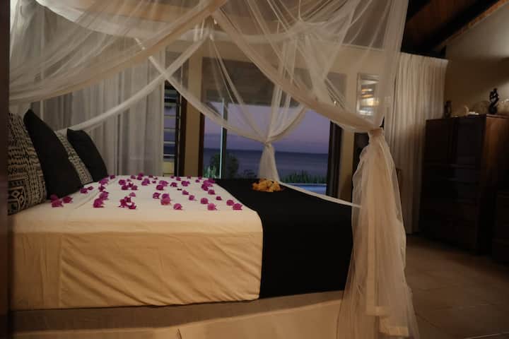 Master Bedroom with French doors out to the pool and outdoor shower.