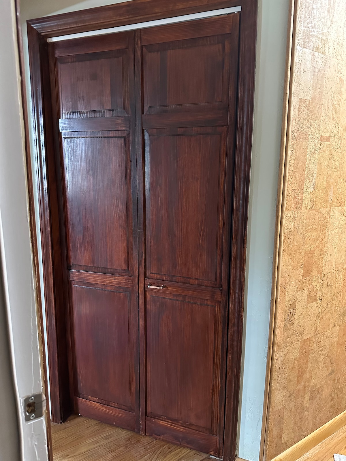 A wooden double door with a rich, dark finish is shown, featuring a classic panel design. The door is framed by light-colored walls, and hardwood flooring is visible in the foreground, creating a warm transition to the hallway.