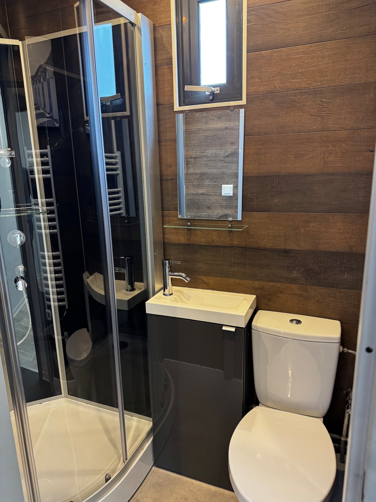 A modern bathroom features a glass shower enclosure, a sleek sink with a tap, and a toilet. The walls are lined with wooden panels, complemented by a small mirror above the sink. A window provides natural light to the space.