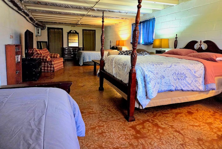 
Chumba cha kulala cha chini ya ghorofa kinakaribia urefu wa nyumba na kinaweza kulala vizuri watu 5-7. 