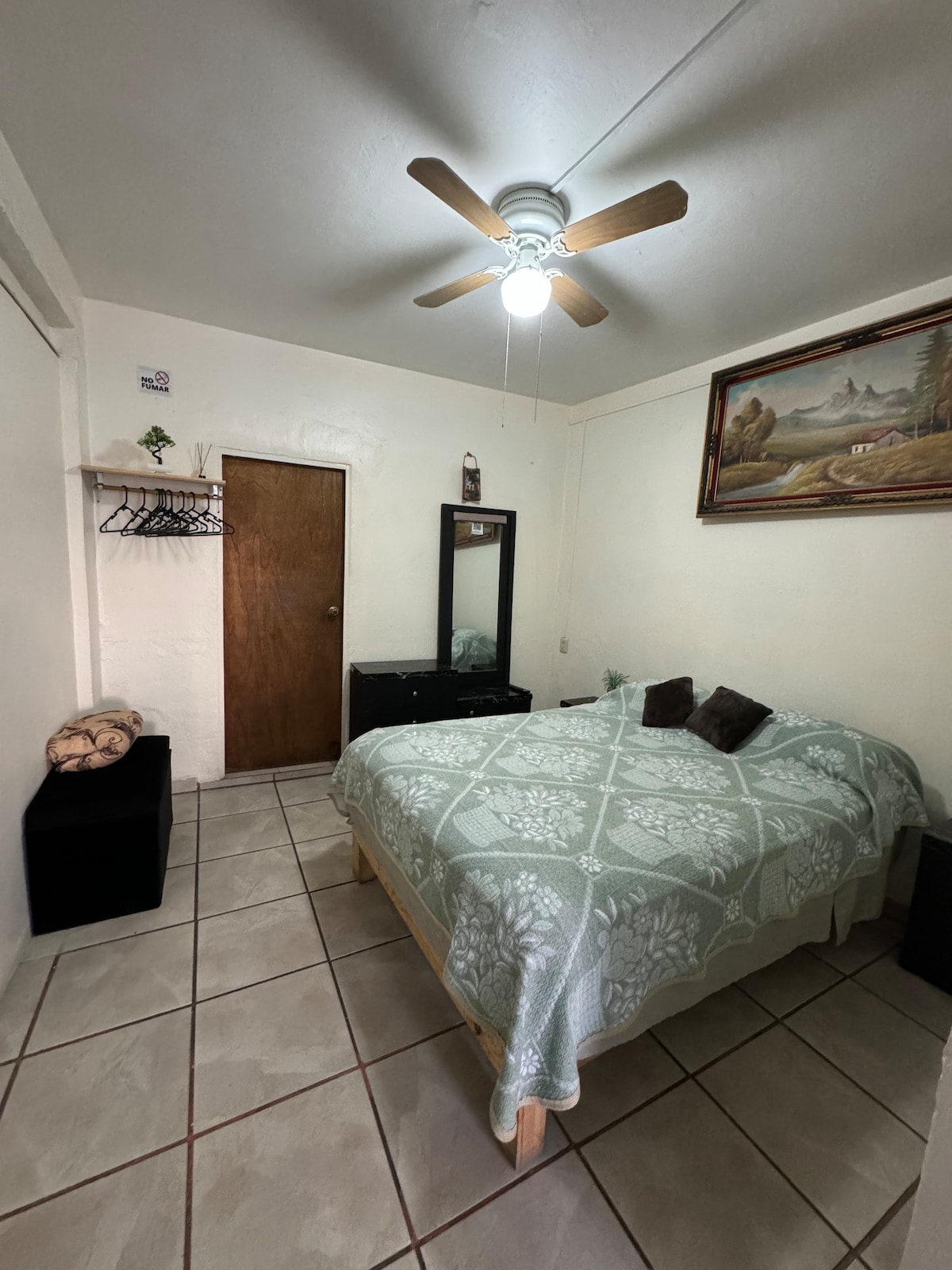 A cozy bedroom features a spacious bed with a pale green coverlet and multiple decorative pillows. A ceiling fan provides airflow. A mirror and small dresser are positioned against one wall, while a wooden door leads to an adjoining space. Wall art adds a touch of character.
