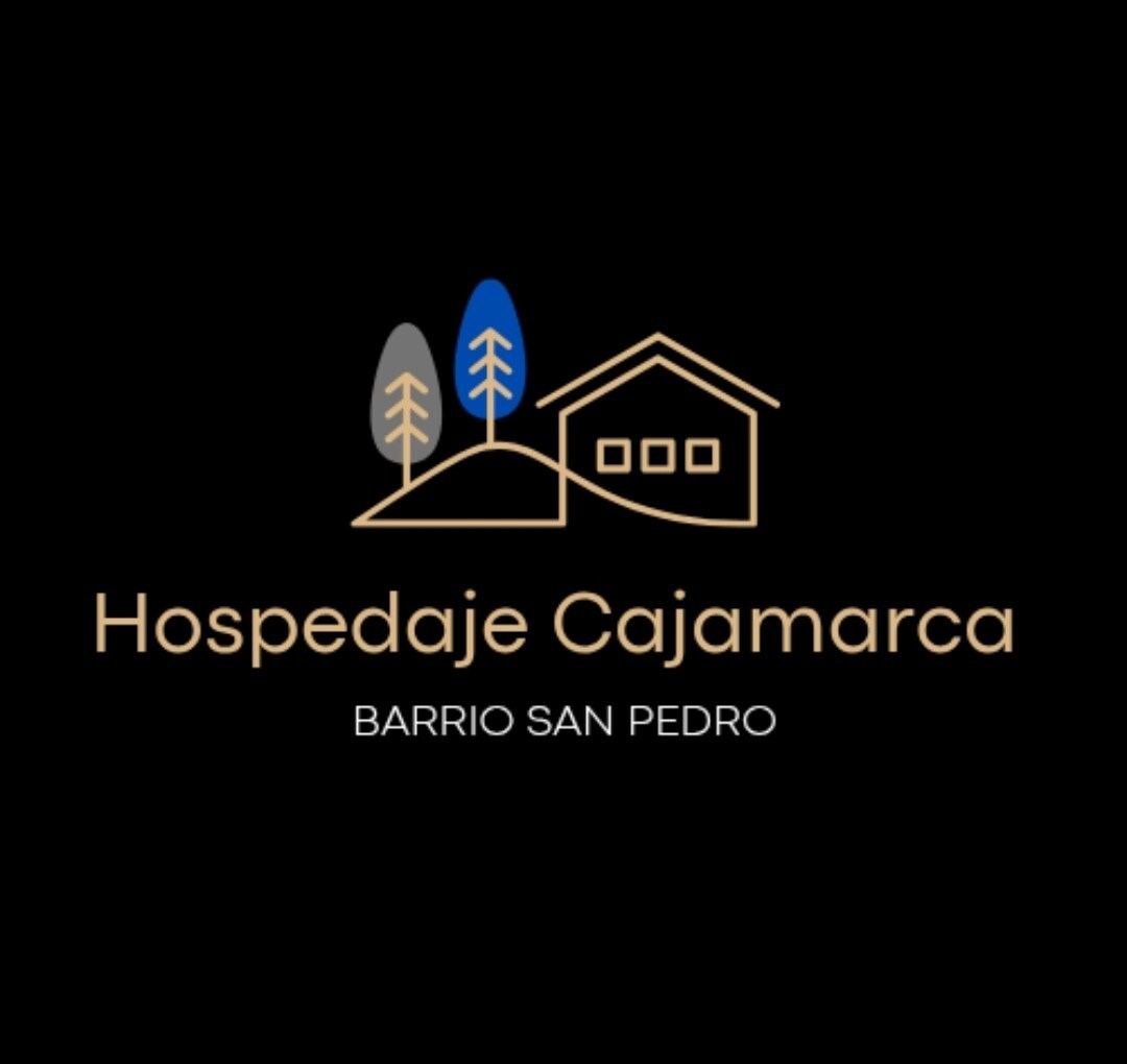 The image features a logo for Hospedaje Cajamarca, showcasing a simple house design set against a stylized landscape of trees in varying colors. The name 'Hospedaje Cajamarca' is prominently displayed beneath the illustration, set in a clean, modern font.