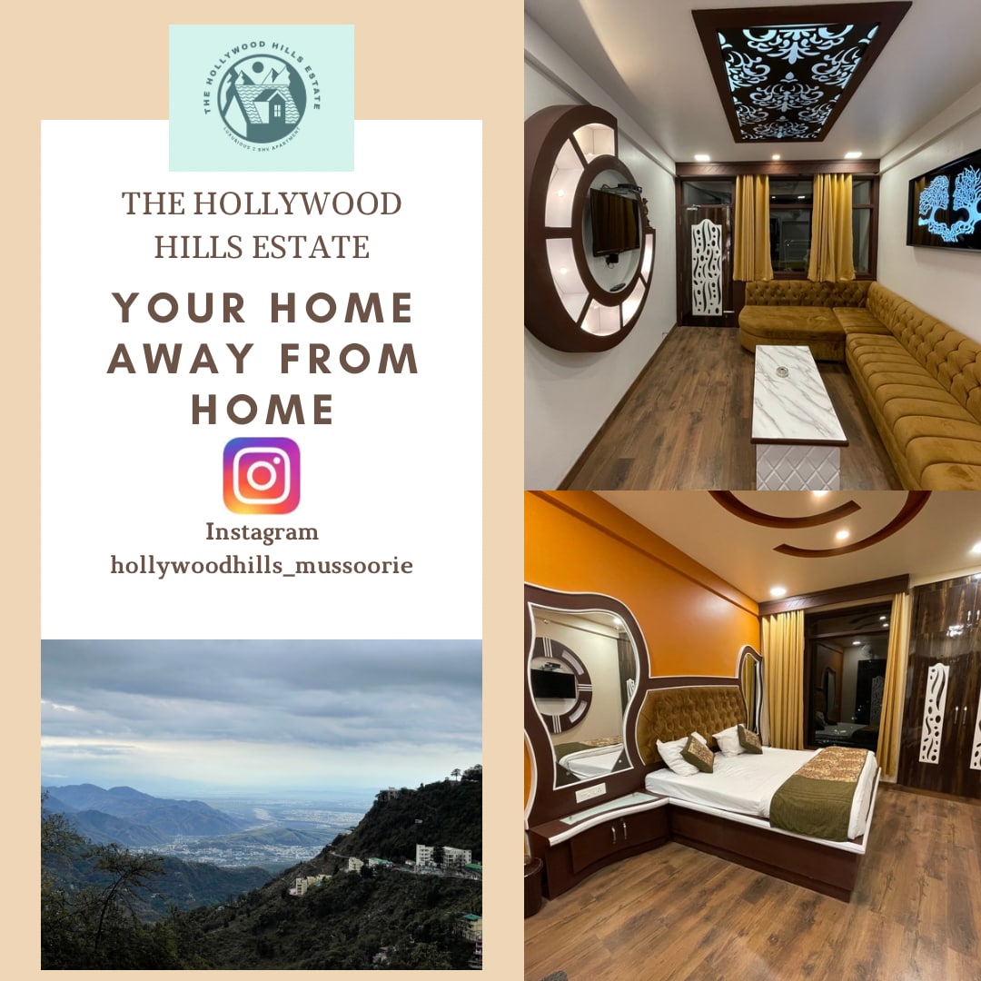 A well-furnished living area features a plush seating arrangement with warm, earthy tones, complemented by a sleek coffee table. A cozy bedroom showcases a spacious bed with decorative headboard, while large windows invite natural light and offer views of the surrounding hills.