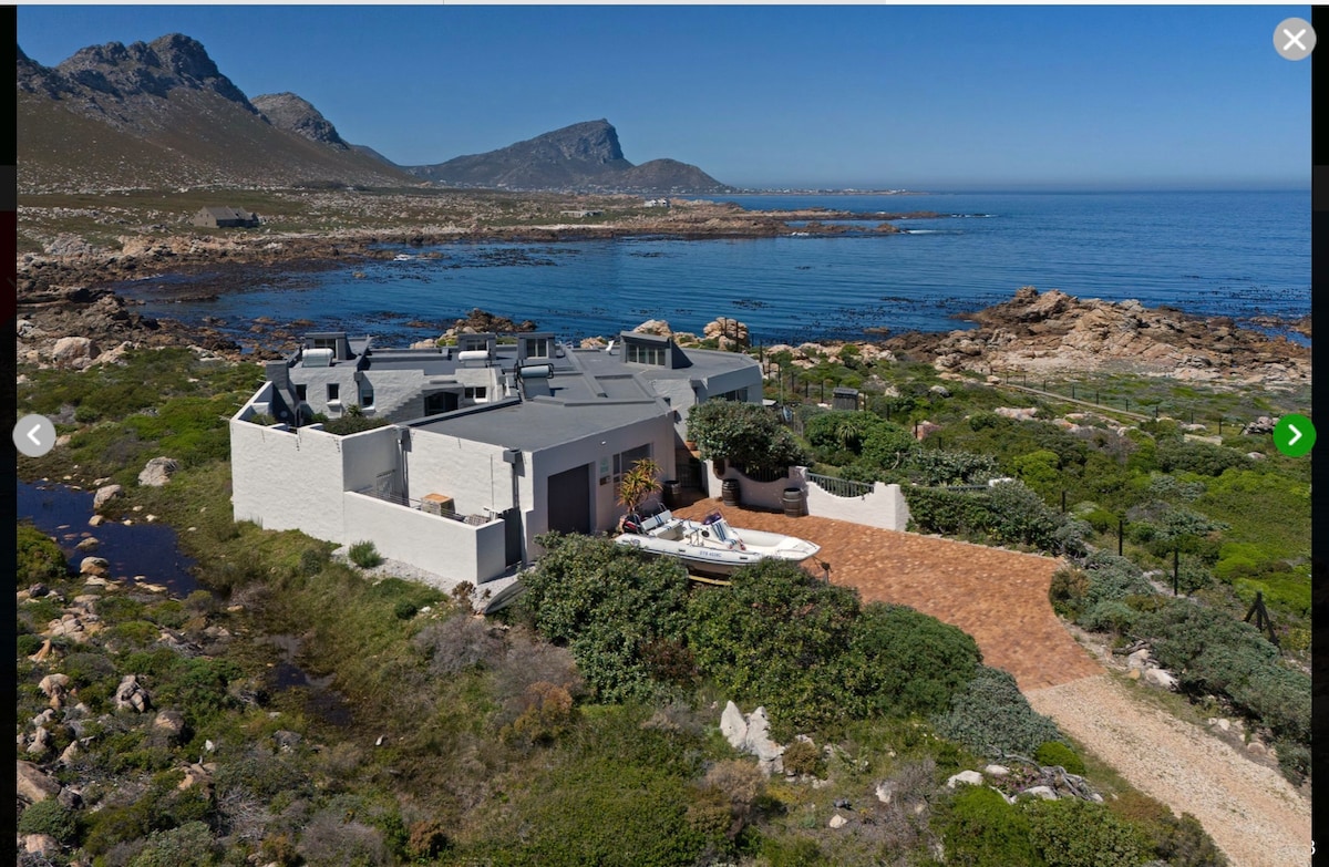 An aerial view showcases the modern studio cottage nestled among lush fynbos. The property features a spacious driveway leading to a boat, with the ocean and mountains visible in the background, emphasizing the tranquil coastal setting.