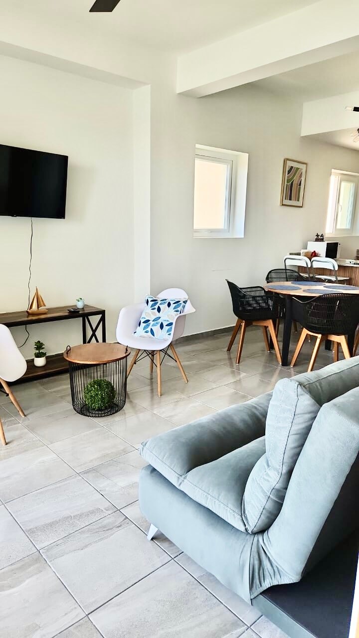 A modern living and dining area is featured, with a comfortable gray sofa positioned in front of a flat-screen television. A dining table surrounded by black and white chairs is visible, complemented by decorative plants and natural light from windows.