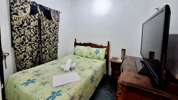 Spavaća soba s bračnim krevetom, TV-om i stropnim ventilatorom 