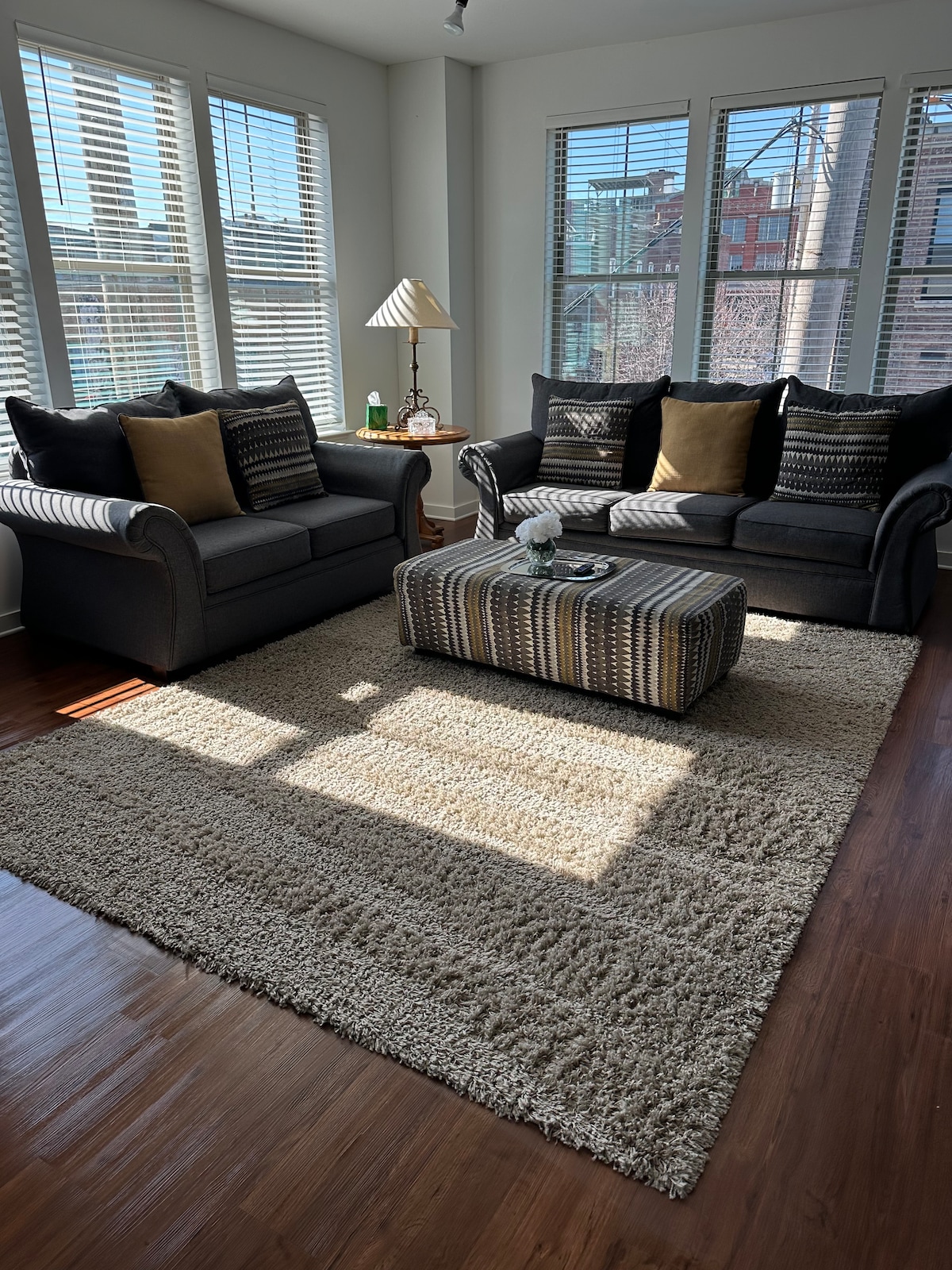 A bright sitting area is highlighted by large windows allowing natural light to fill the space. Two black sofas adorned with decorative pillows face a textured ottoman, all situated on a soft, shaggy area rug. A lamp and small decorative items are visible on the side table.
