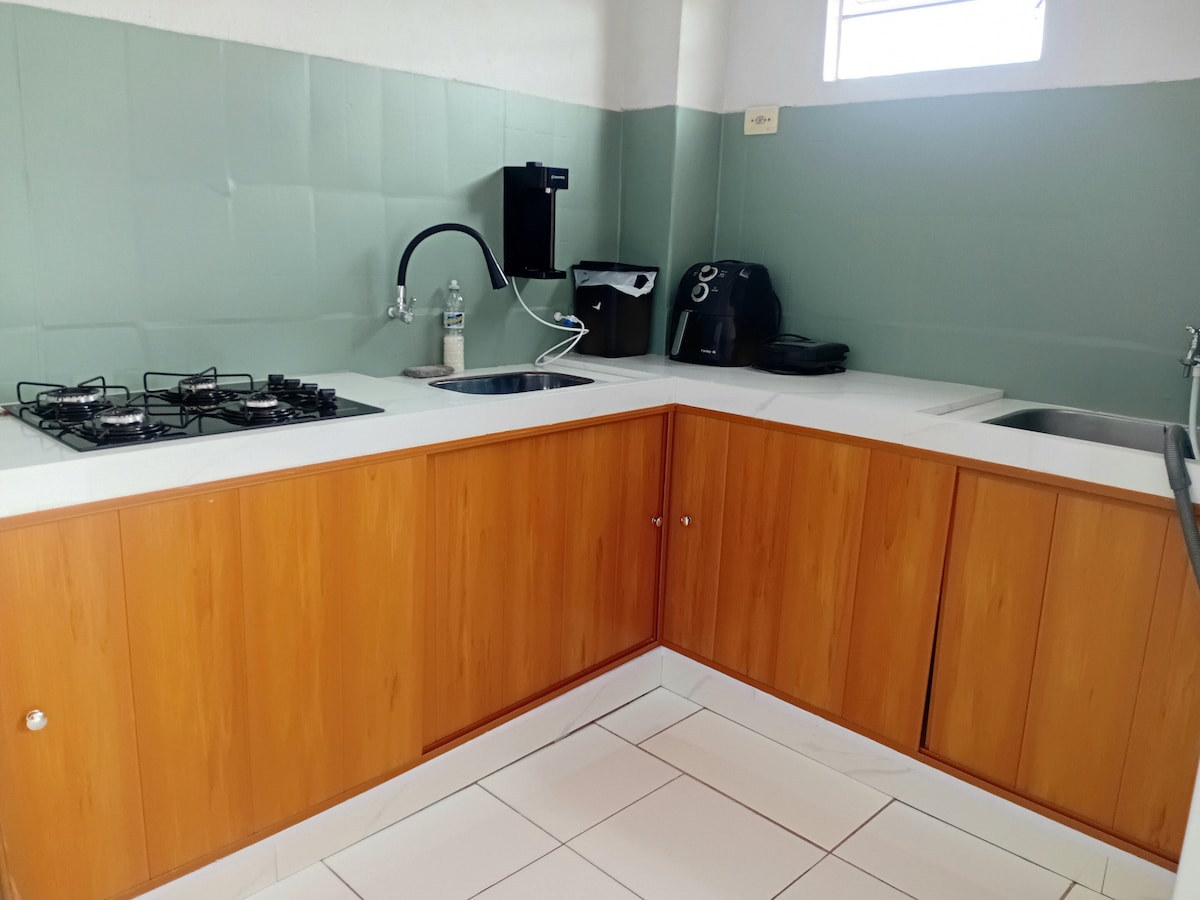 A functional kitchen is presented with light green walls and wooden cabinetry. A gas stove and a sink are integrated into the countertop, which features a spacious area for food preparation. Natural light enters through a small window, enhancing the workspace.