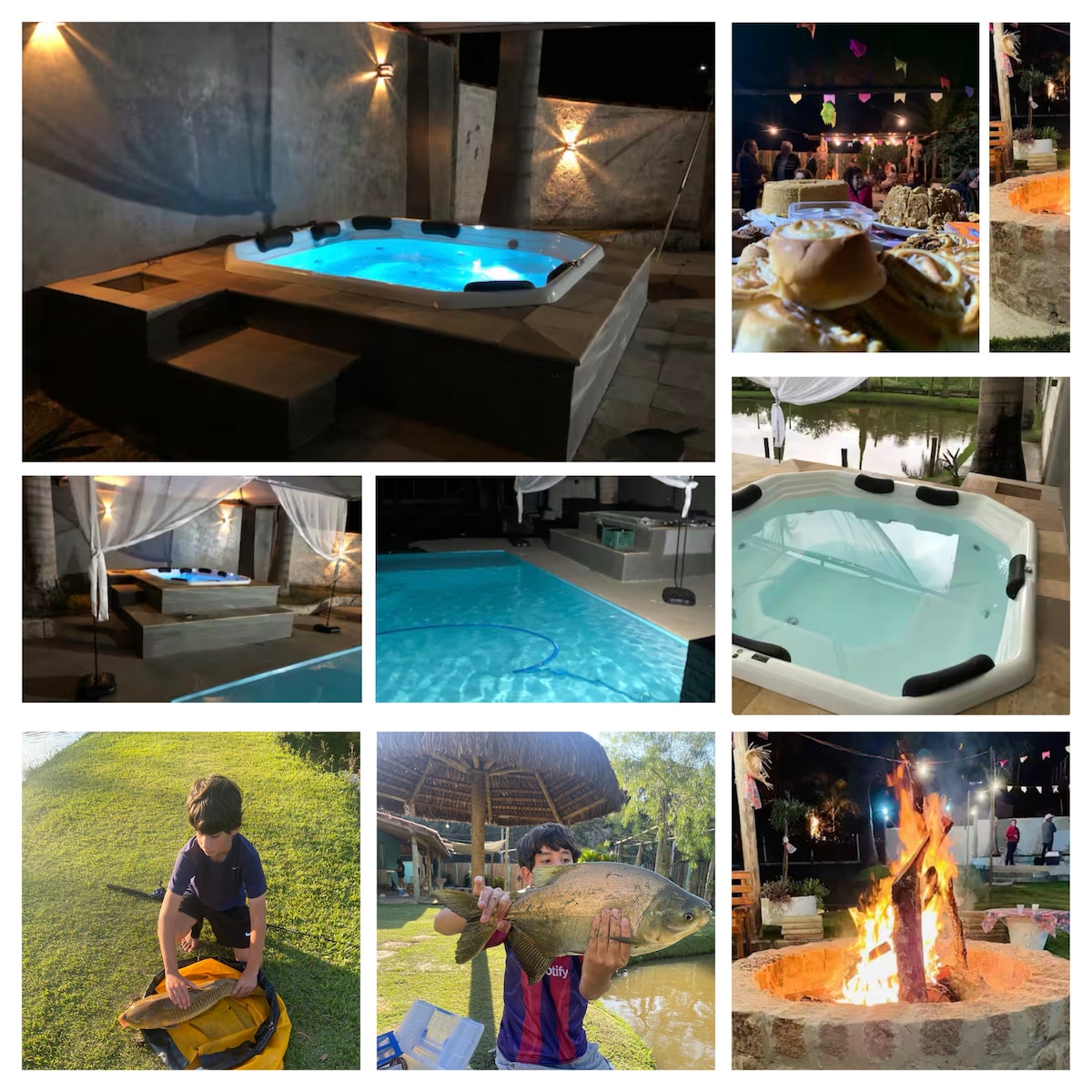 An outdoor area features a jetted hot tub with soft blue lighting, surrounded by textured walls. Nearby, a cozy space with a bonfire setup is depicted, inviting warmth and gathering. Multiple images showcase a sparkling pool area and a tastefully arranged patio for relaxation.