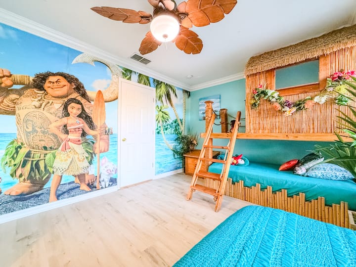 Three guests can sleep in Maui and Moana's Polynesian Tiki-hut and Boat bedroom, with ensuite bathroom.