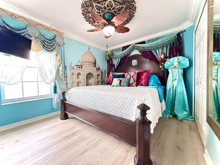 Princess Jasmine's King Master Suite is themed for hot Arabian nights!  (Or just dreamy, sand-free nights under cool air conditioning, luxurious linens, and with a gorgeously modern ensuite bathroom and hot water, LOL)