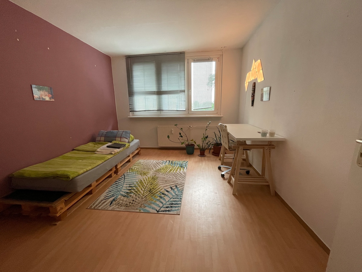 The room features a bed made from wooden pallets, topped with a cold-foam mattress and linen. A desk with a chair is positioned next to a window, allowing natural light to enter the space. A colorful rug lays on the floor, with two plants placed nearby.