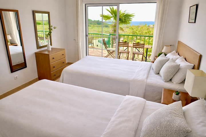 Triple room, 3 beds (1 double bed and 1 single bed) organized in a suite with large closets, a private bathroom and a huge balcony overlooking the ocean