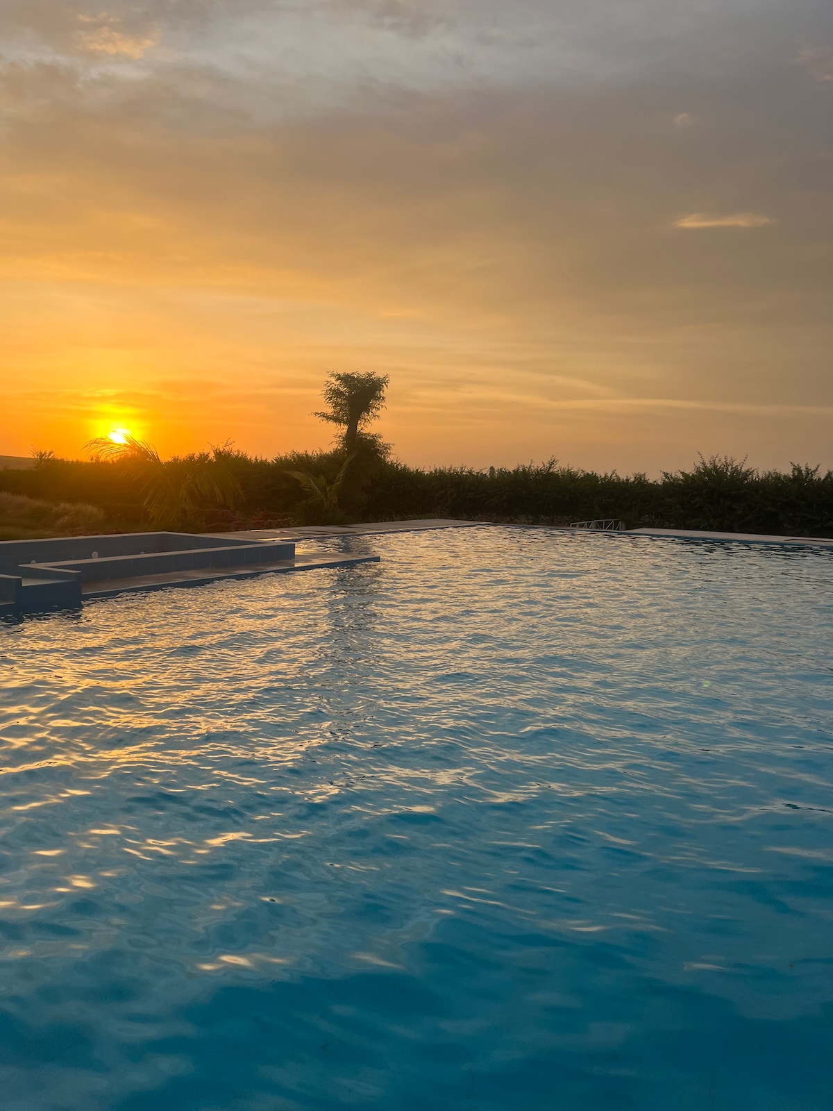 A serene swimming pool reflects the warm hues of a sunset, with soft ripples across its surface. Lush greenery is visible along the perimeter, complementing the natural landscape under a golden sky.