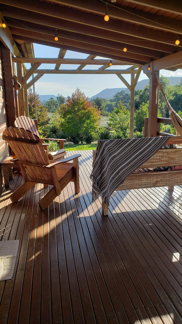 Cabin with fireplace, barbecue and large patio