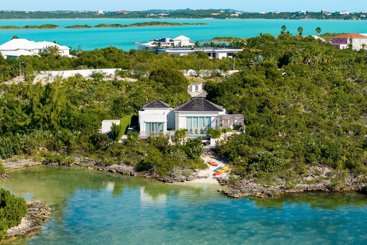 The villa is viewed from an aerial perspective, surrounded by lush greenery and shallow turquoise water. The spacious structure features large glass windows, letting in natural light, while kayaks are visible near the shoreline, indicating opportunities for water activities.