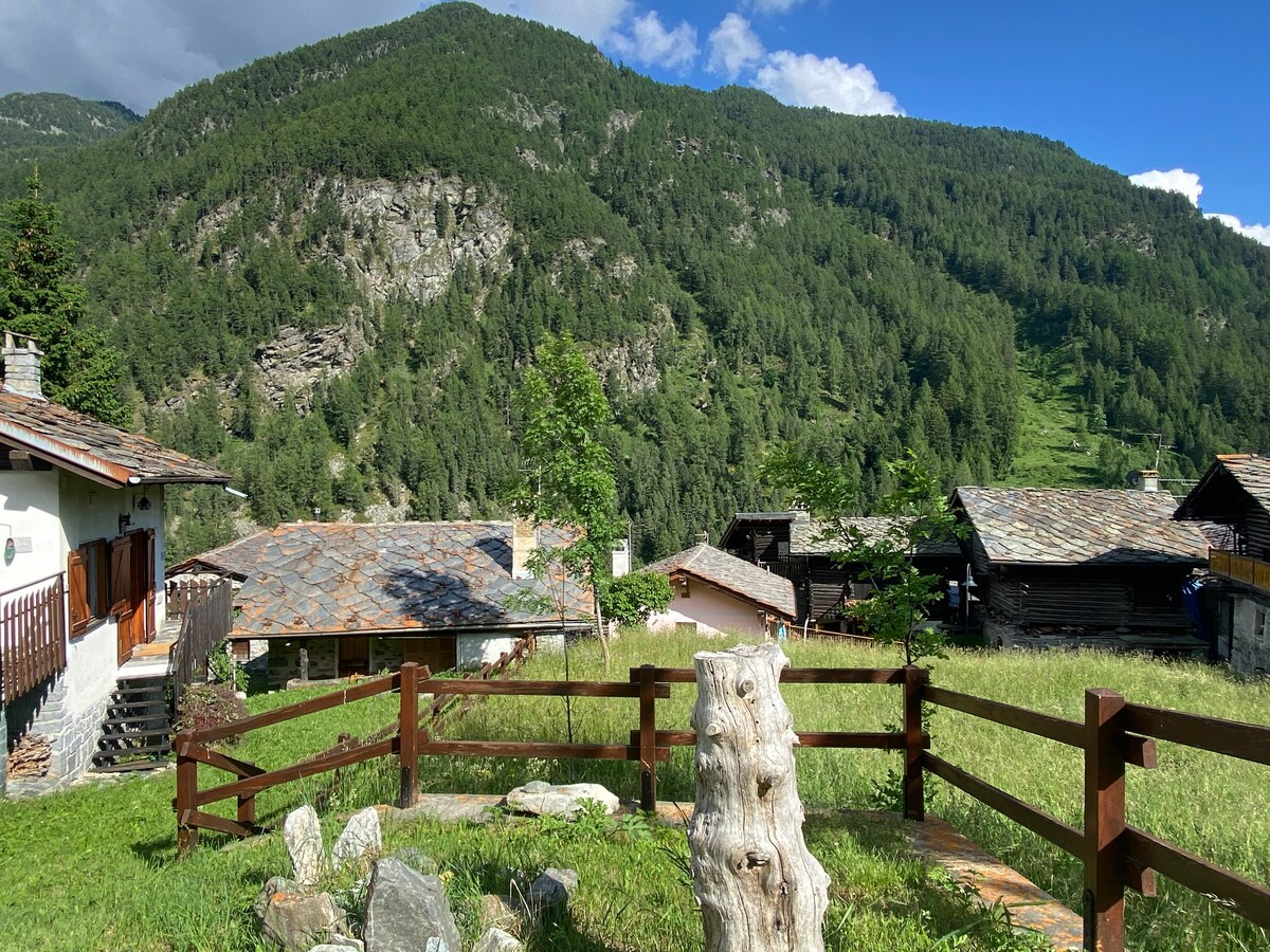 The image captures a serene countryside scene, showcasing traditional wooden buildings nestled among lush green hills. A rustic wooden fence encloses a grassy area, while mountains rise prominently in the background, illustrating the beauty of the natural setting.